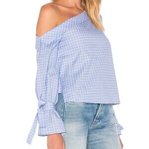New - J.O.A. Off The Shoulder Blue Plaid Shirt Top Size XS